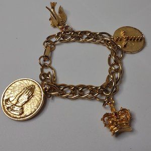 Very Awesome Cross And Crown Gold Tone Metal Charm Bracelet